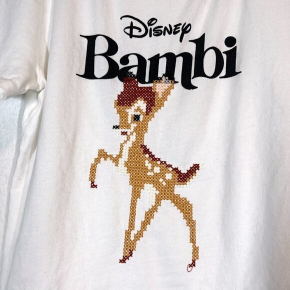 Zara Disney Bambi T-Shirt Tee Embroidered White Cross Stitch Medium - Picture 1 of 7